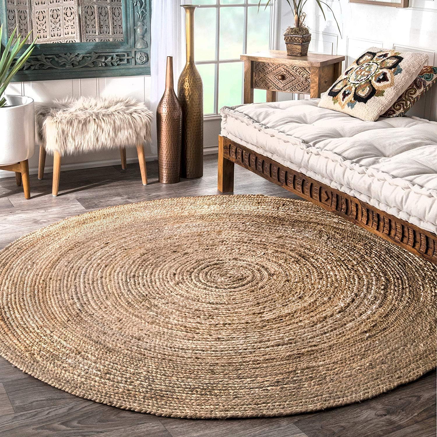 Fernish Décor Handwoven Jute Area Rug, Natural Yarn, Rustic Vintage Braided Reversible Rug, Eco Friendly (3 Feet, Round)