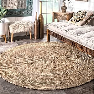 Fernish Décor Handwoven Jute Area Rug, Natural Yarn, Rustic Vintage Braided Reversible Rug, Eco Friendly (3 Feet, Round)