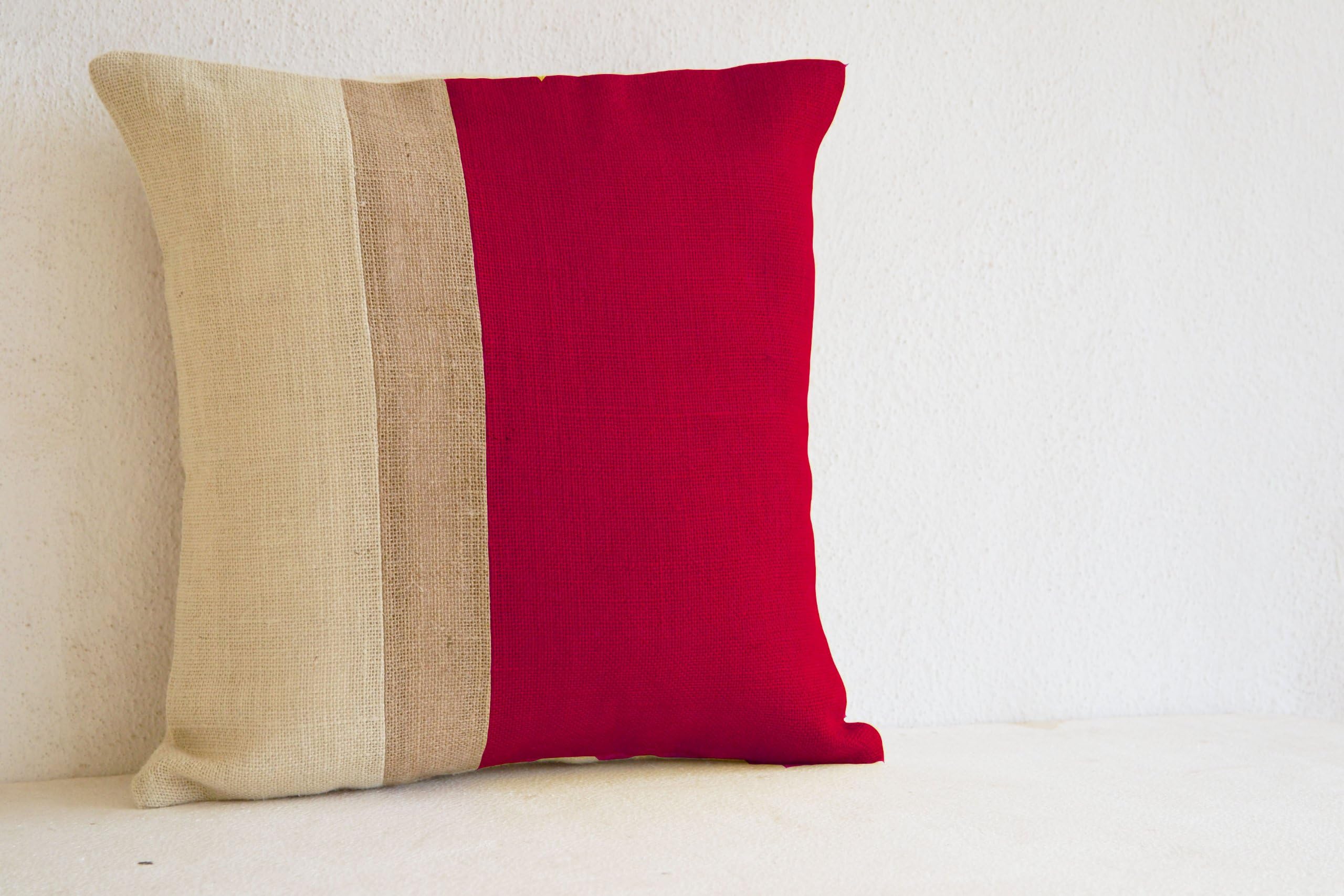Decorative Cushion Covers in Jute Hessian- Red Cushion Covers -Red Jute Cushion Colour Block - Red Decorative Cushion Cover- Cushion Cover in Red, Beige and Ivory Jute Colourblock- Euro Sham (65 x 65 cm)