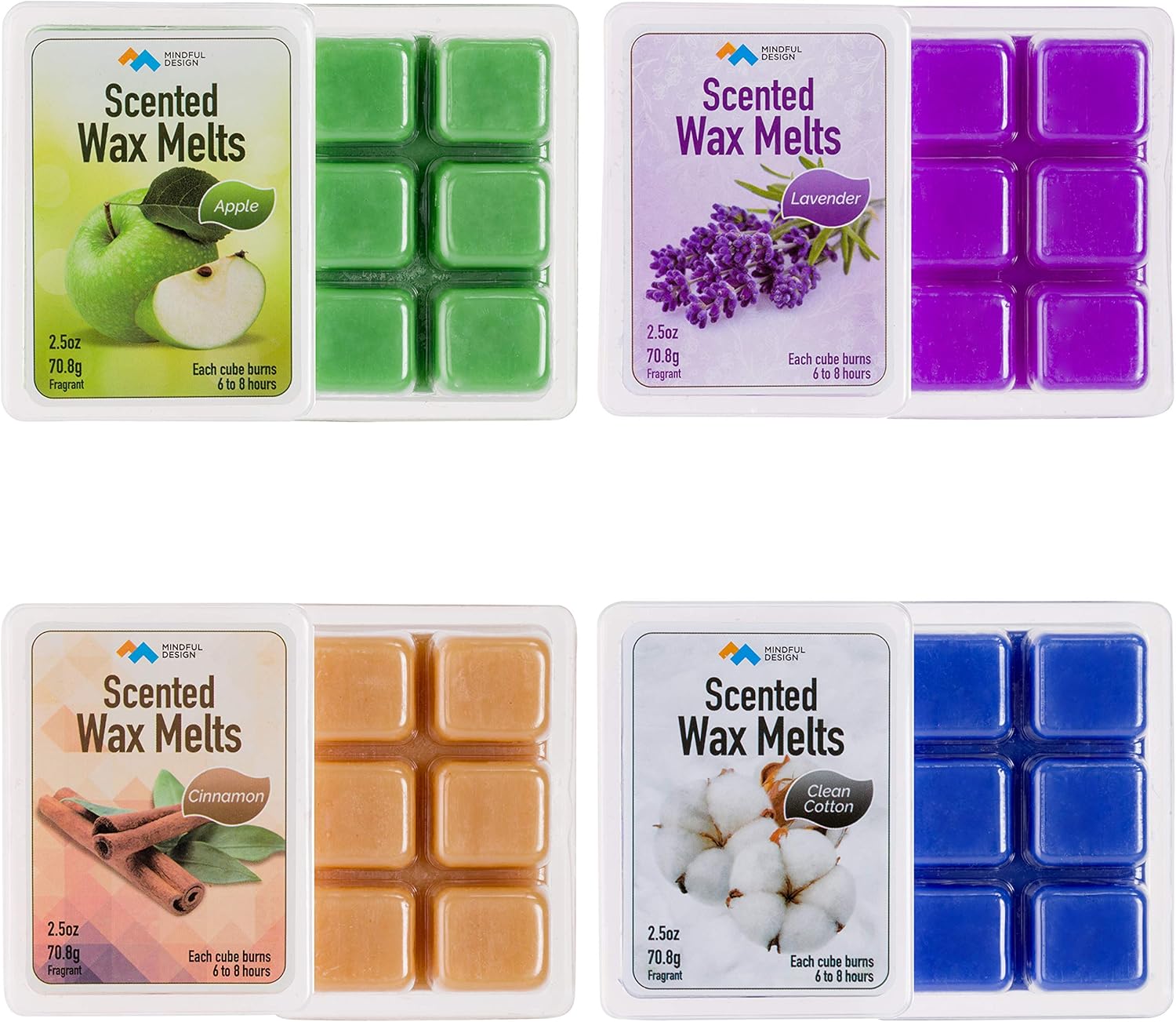 Mindful Design 4 Pack Scented Wax Melts/Cubes/Tarts - Apple, Cinnamon, Clean Cotton, & Lavender