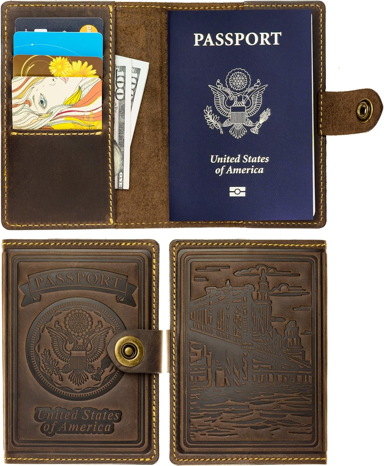  | Villini - Leather US Passport Holder Cover RFID Blocking ID Card Wallet - Travel Case (Brown Vintage) | Passport Wallets