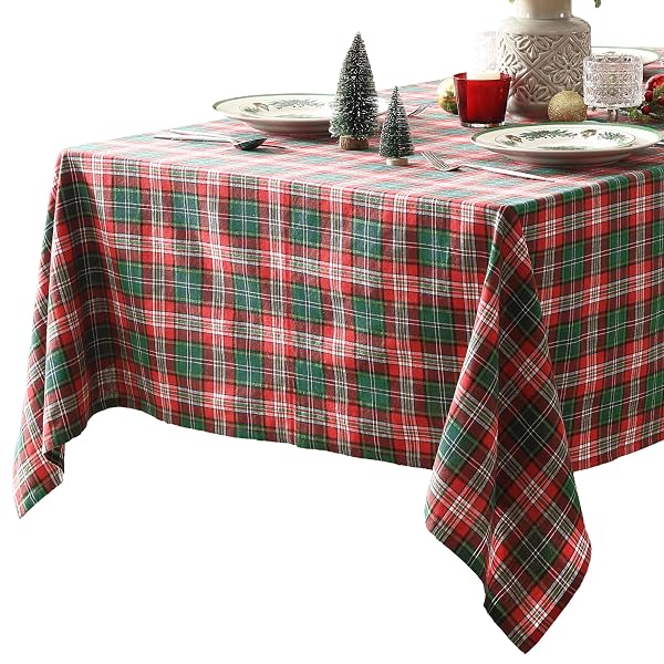 HOME BARGAINS PLUS RUDOLPH PLAID FABRIC TABLECLOTH, 60 X 120 INCH RECTANGLE, TRADITIONAL RED AND GREEN CHECK PATTERN, COTTON BLEND HOLIDAY TABLE COVER FOR CHRISTMAS DINING AND WINTER DECOR