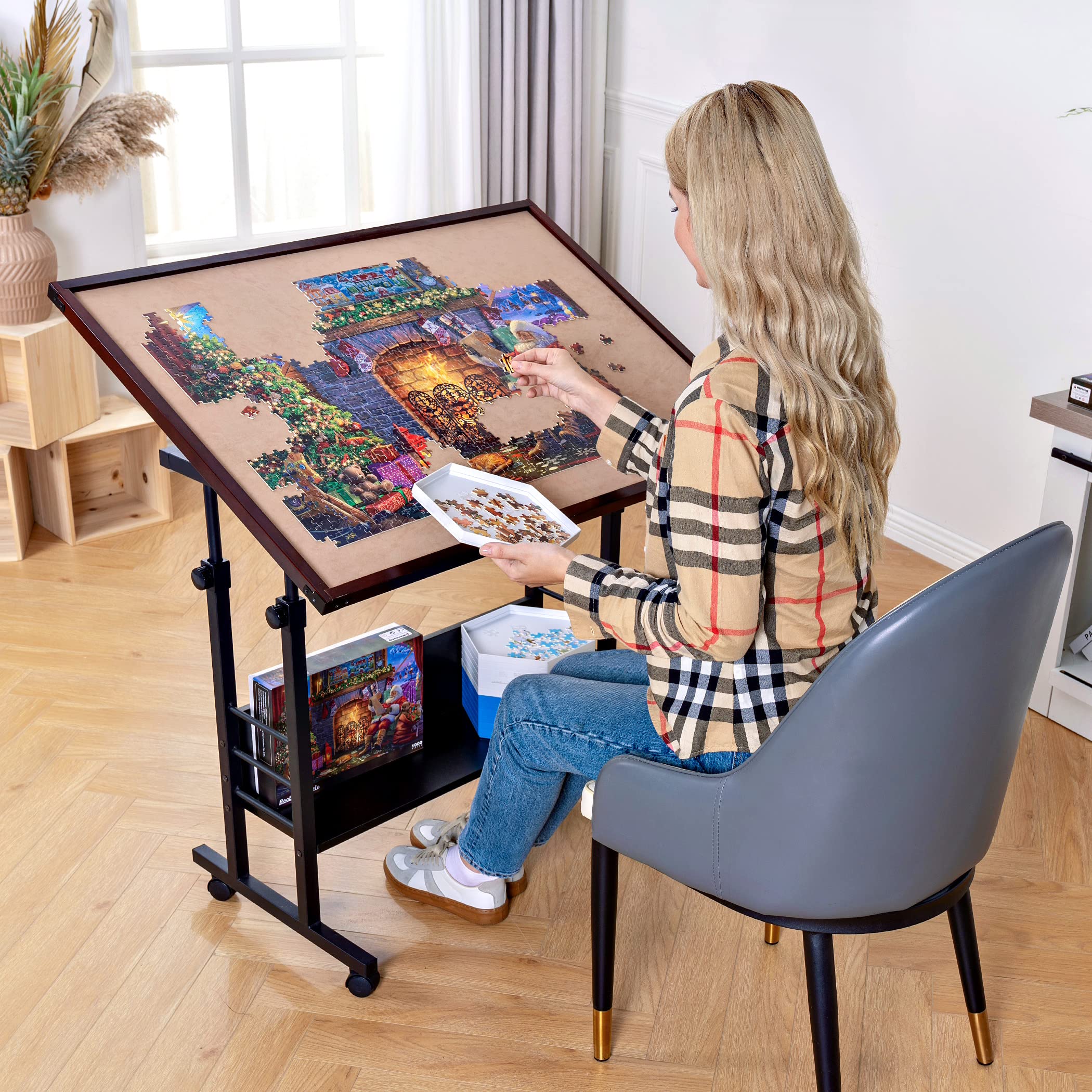 Becko US 1500 Piece Tilting Puzzle Table with Cover Mat, Puzzle Board with 5 Tilt Angle & Height Adjustment, Portable & Movable Tables with Legs & Storage for Adults, for 1500 Piece Jigsaw Puzzles