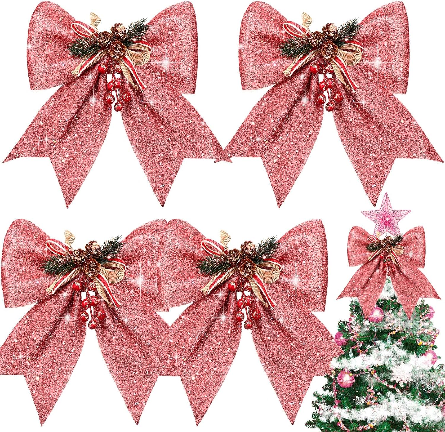 Bows & Ribbons - 4 Pcs Christmas Bows for Wreath Pink Christmas Wreath Bows for Front Door Glitter Bow Ornaments Pine Cones Xmas Bow Snowflake Garland Christmas Tree Decor Bows for Indoor Outdoor Xmas Party Supplies