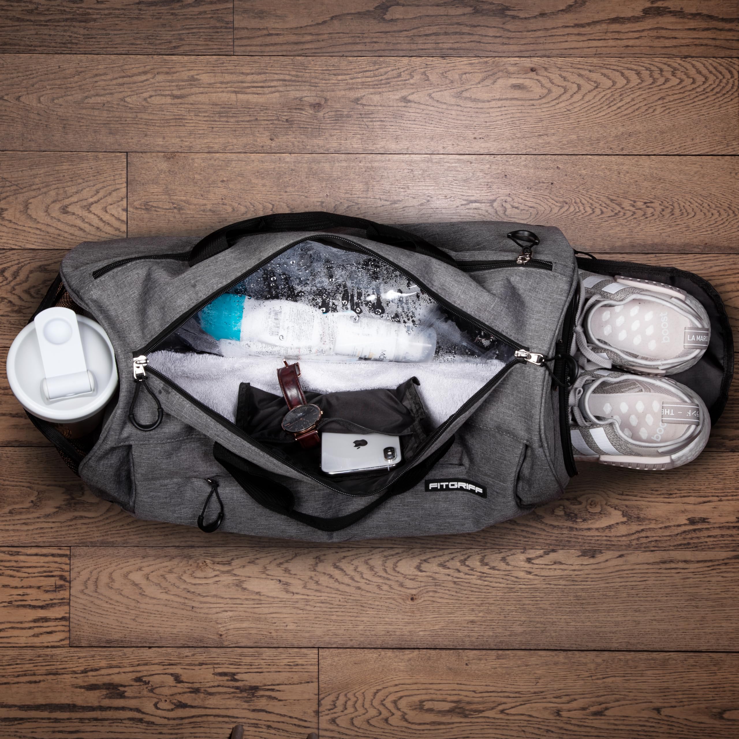 Fitgriff® Sporttasche & Reisetasche für Damen und Herren - mit Schuhfach & Nassfach - Tasche für Sport, Fitness & Reisen - Trainingstasche, Gym Bag (Grau, 48 x 26 x 25 cm (Small)) 4