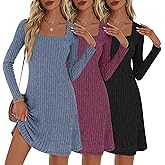 Velvelhall 3 Pack Women's Sweater Dresses Square Neck Long Sleeve Ribbed Knit Casual Tunic Dress Fall Winter Trendy Outfits