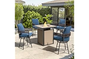 Grand patio Patio Swivel Bar Set, 26" Counter Height Swivel Chairs Set of 5 with Fire Pit Table 60,000 BTU Heat Output for Patio, Deck, Balcony (Peacock Blue)