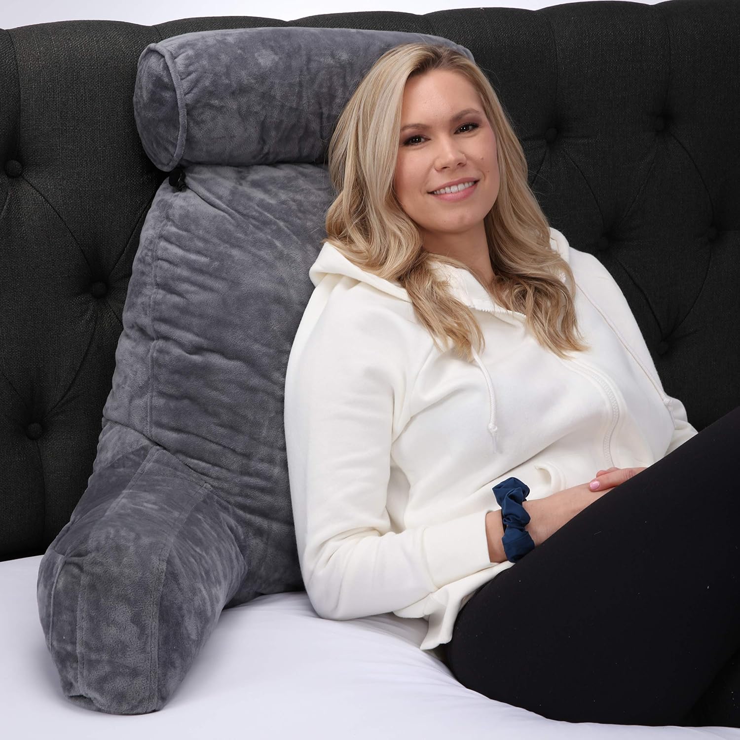Husband Pillow - Dark Grey, Big Backrest Reading Bed Rest Pillow with Arms, Plush Memory Foam Fill, Remove Neck Roll Off Bungee, Change Covers, Zipper On Shell of Bed Chair for Adjustable Loft: Home & Kitchen