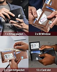 Mens Wallet With AirTag Holder, Bifold Leather RFID