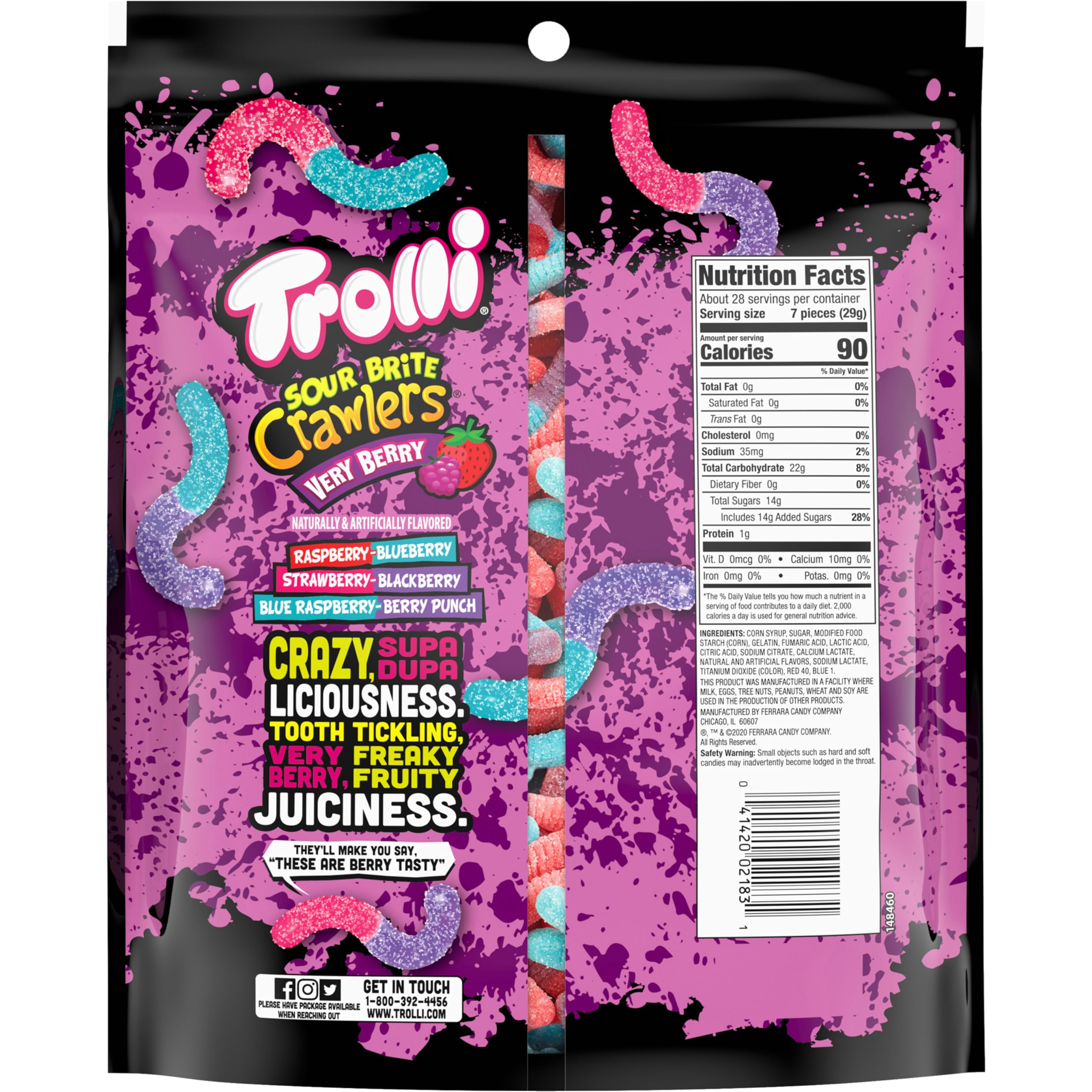Trolli Sour Brite Crawlers, Very Berry, Sour Gummy Worms, 28.8 Ounce Resealable Bag