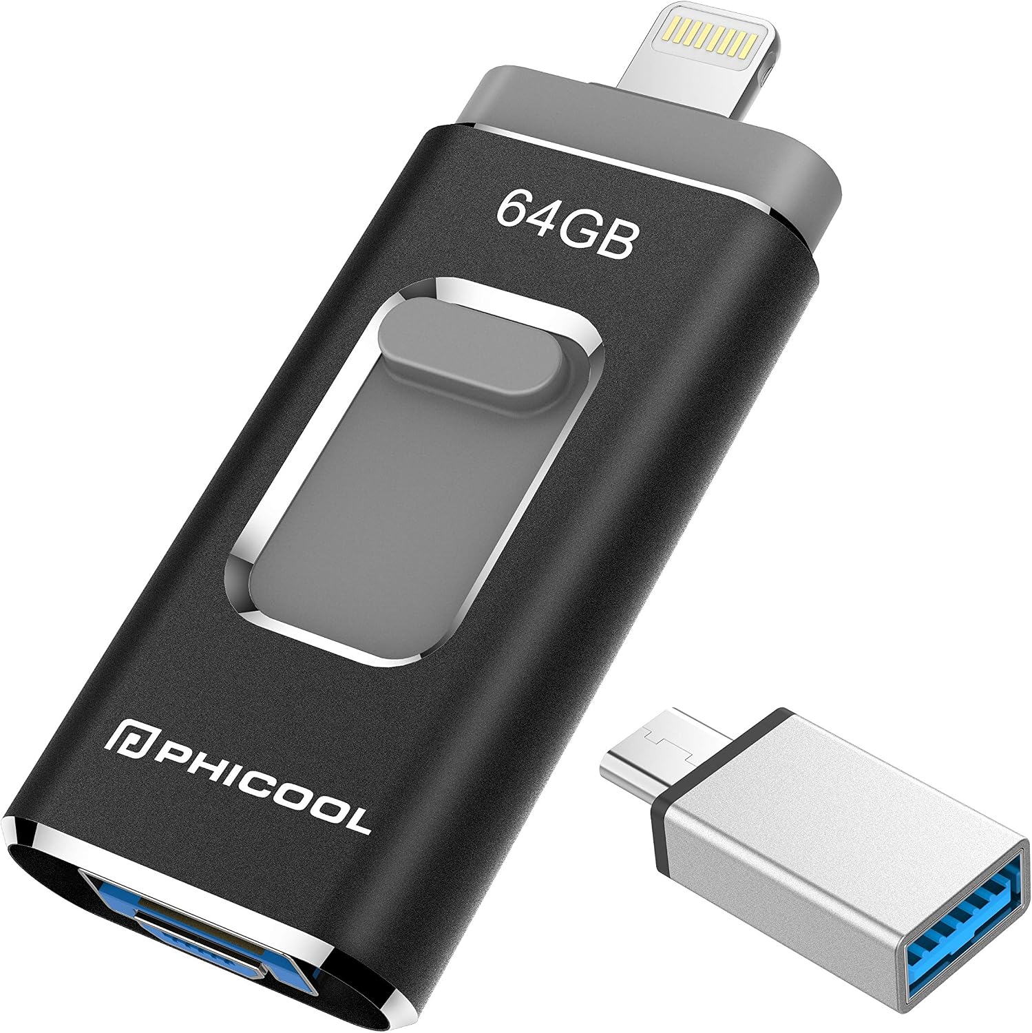 Unidad Memoria Flash USB 3.0 64 GB Memoria Lápiz Drive OTG PHICOOL [4 en 1] con Type C Conector USB Mirco Expansión de Memoria para iPhone, iPad, Android, PC - Negro