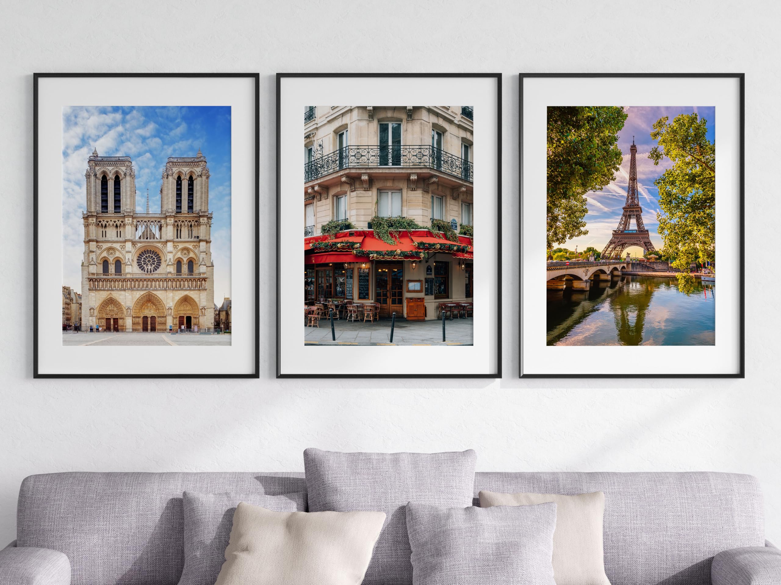 Eviepops Prints Paris Landscape Set of 3 Unframed Poster Prints, Photographic City Wall Art, Home Décor, Eiffel Tower, Notre Dame, Brasserie, River Seine, Red Blue Brown (A3)