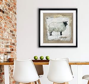 Renditions Gallery Burlap Sheep Art Framed Farmhouse Giclee Canvas Prints Americana Animal Wall Decor Barnyard Kitchen Painting, 38 x 38