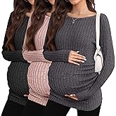 Sweetyweee 3 Pack Fall Maternity Shirts Long Sleeve Maternity Sweaters Boat Neck Ribbed Lightweight Pregnancy Winter Tops(Dark Gray, Pink, Black,Medium)