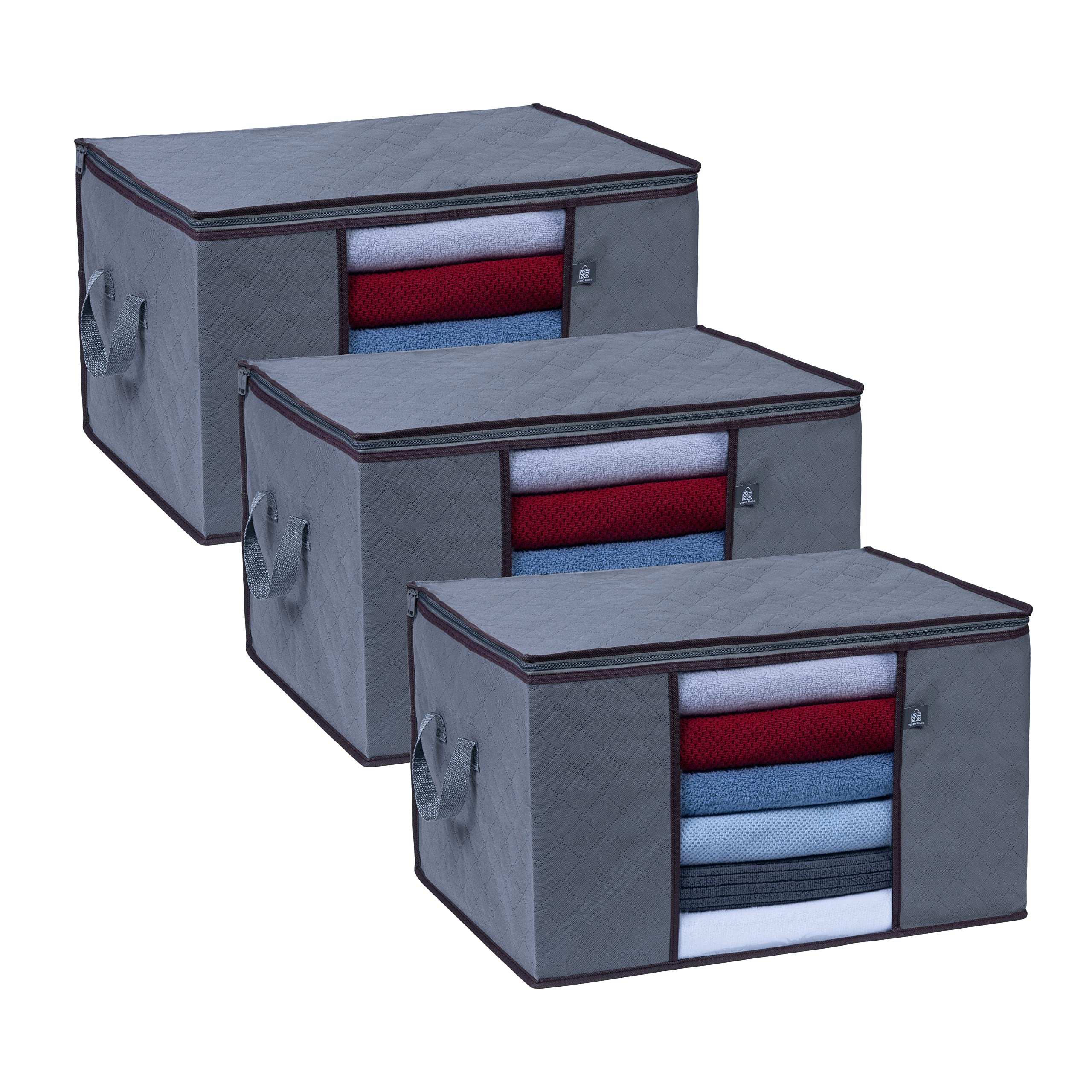 VENO 3 Pack Extra-Large Clothes Storage Bag Organizer w/Handles and Zip for Moving house, 91L Blankets Bedding Towels Bedroom Containers, Clear Window Panel, Foldable, Reusable (91 Liters)