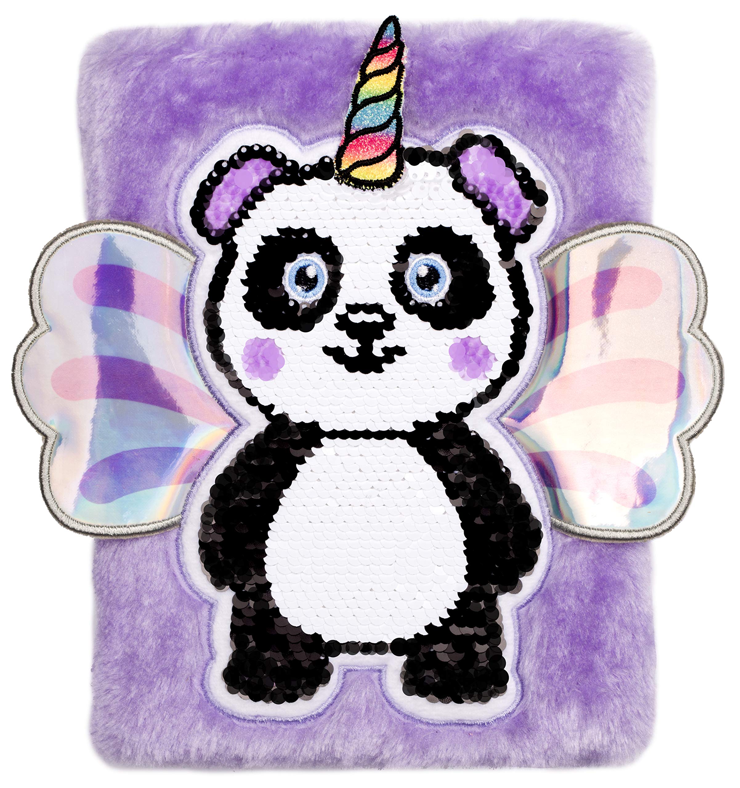 Fringoo Secret Diary for Girls Plush & Reversible Sequins Funny Design with Padlock + Bookmark Weekly Planner + Notebook A5 Unicorn Diary Lockable 96 Pages (Pandacorn)