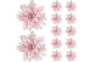 Canlierr 12 Pieces 5.7 Inch Christmas Poinsettia Flower Christmas Glitter Artificial Flower with Clip Xmas Tree Ornament for Home Wreath Garland Party Decor (Rose Gold)