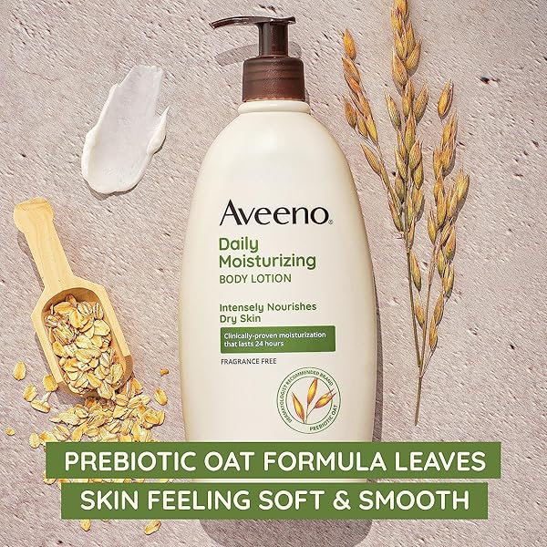 AVEENO DAILY MOISTURIZING BODY LOTION, BODY LOTION FOR DRY SKIN WITH PREBIOTIC OAT, PARABEN FREE, FRAGRANCE FREE, NON-GREASY, NON-COMEDOGENIC MOISTURIZER, 18 FL OZ