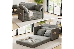 kakuboohi 51" Loveseat Sleeper Sofa Bed, Chenille Convertible Floor Sofa Bed for Small Spaces, Folding Couch Bed with Deep Seat, 2 Pillows & Solid Frame, Pull Out Floor Couch for Living Room, Grey