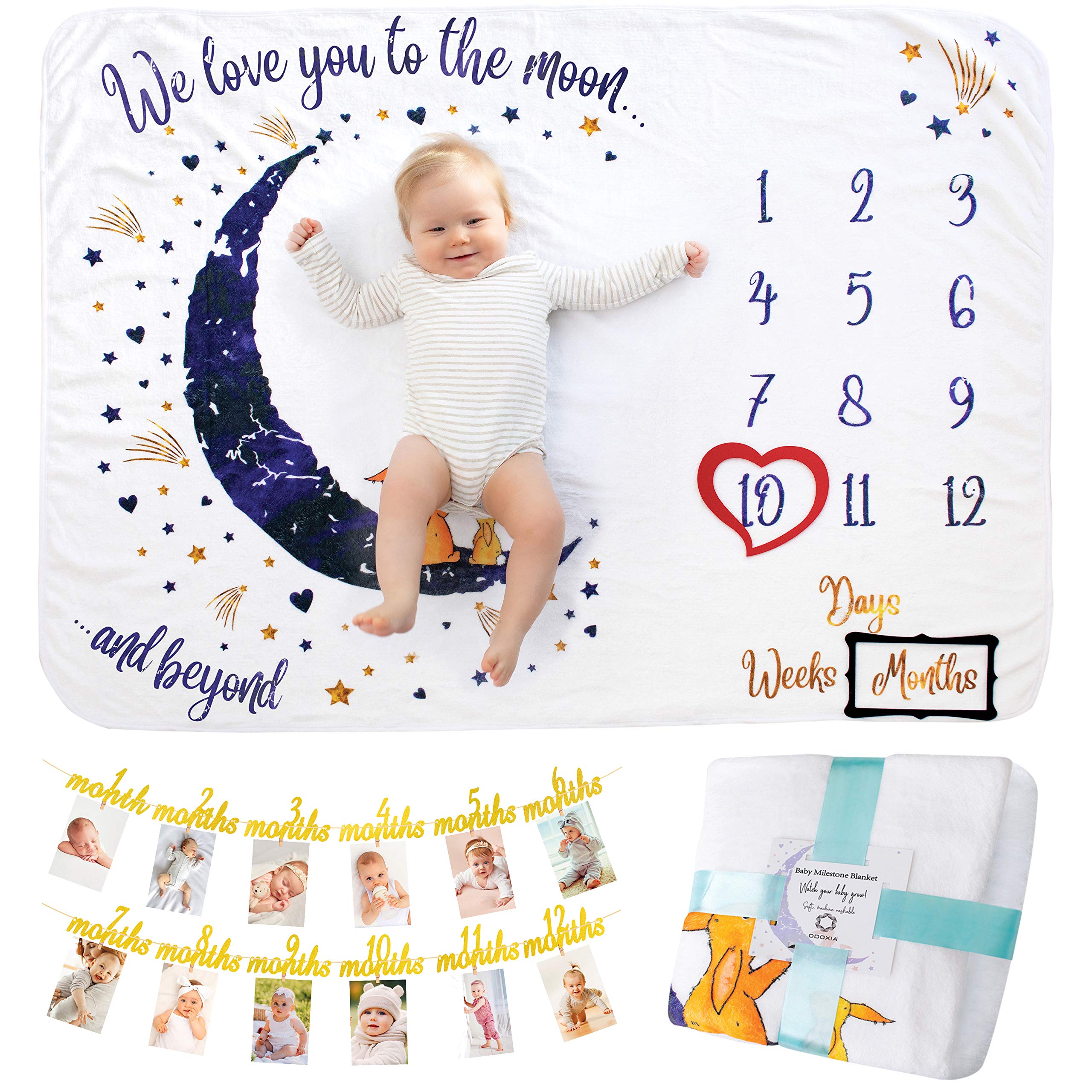 Baby Milestone Blanket With Birthday Banner | Monthly Photo Mat for Boy or Girl, Unisex | Age Mat | Personalised Baby Shower Present for New Mums | Moon & Stars Theme | Includes Year Banner