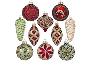 Valery Madelyn Glass Christmas Ornaments Set, 10ct Red Green and Gold Mercury Blown Glass Christmas Tree Ball Decorations, Traditional Country Xmas Hanging Teardrop Finial Bulk for Holiday Decor