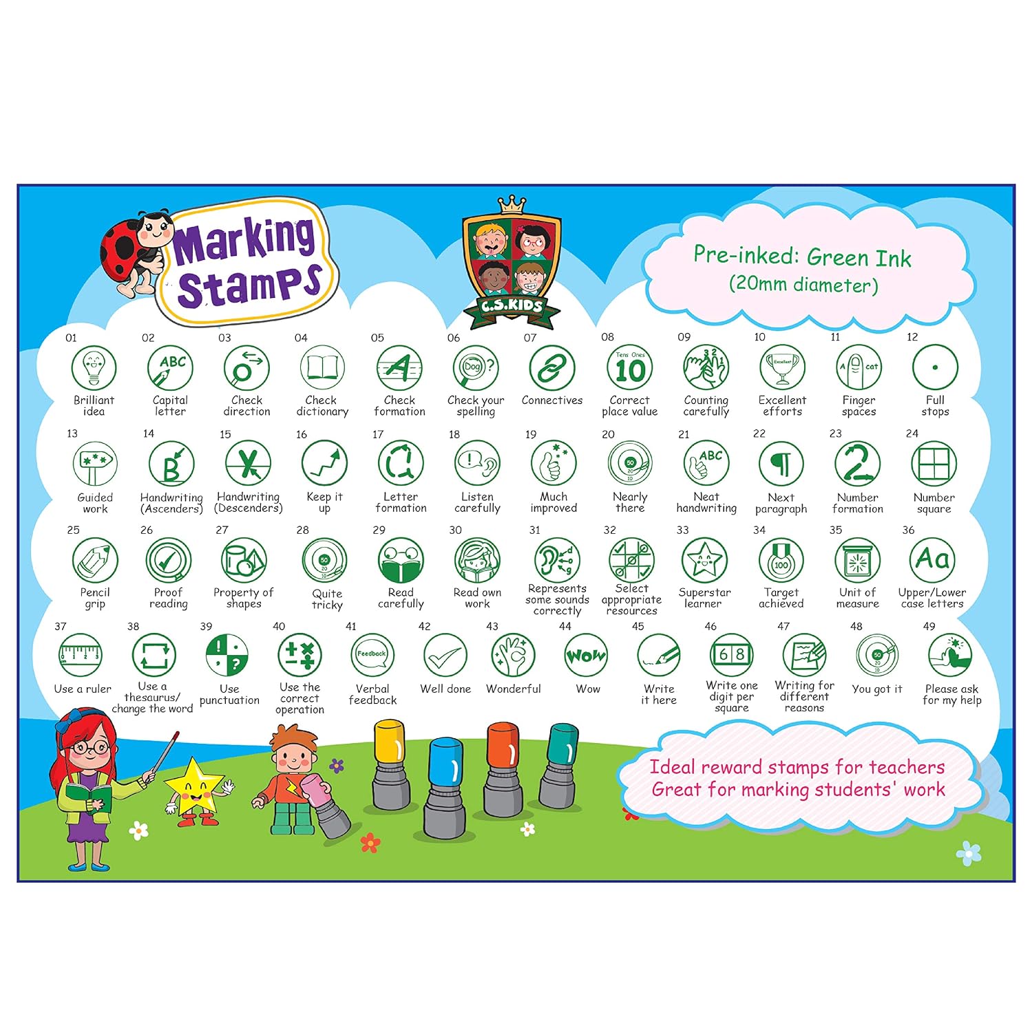 C.S. Kids "Check Your Spelling" 20mm Self-Inking, Marking Stampers, Reward Stamps for School Teachers Green - Image 4