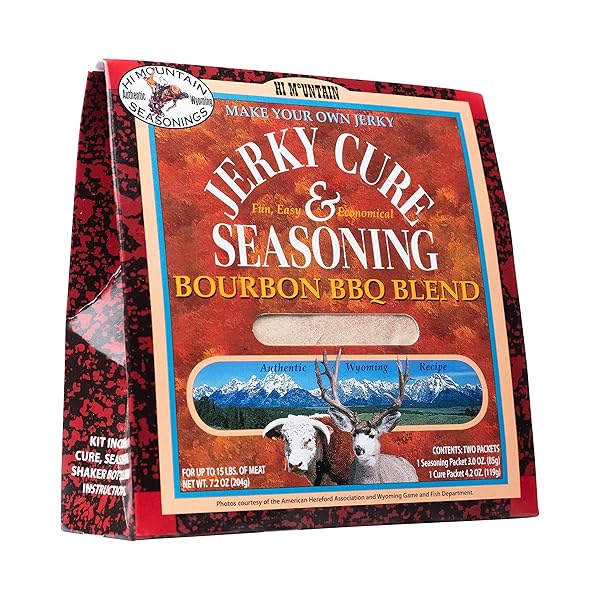 HI MOUNTAIN JERKY SEASONING AND CURE KIT | BOURBON BBQ BLEND | BEEF JERKY SEASONING | PERFECT FOR BEEF, VENISON, ELK, & DEER | SEASONS UP TO 15 LBS. OF MEAT (1 BOX)