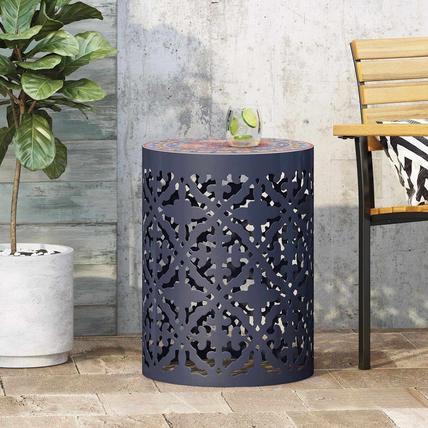 Christopher Knight Home 313061 Laurent Outdoor Lace Cut Side Table with Tile Top, Dark Blue : Garden & Outdoor