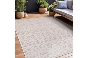 Beverly Rug Waikiki Indoor Outdoor Rug 5x7, Washable Outside Carpet for Patio, Deck, Porch, Trellis Area Rug, Water Resistant, Beige - White