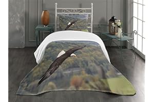 Ambesonne Eagle Bedspread, King of Skies Flying Over The Forest and Mountains United States, Decorative Quilted 2 Piece Coverlet Set with Pillow Sham, Twin Size, Brown White