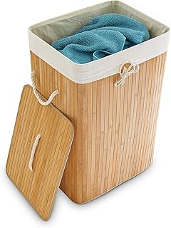 Relaxdays Wäschekorb Bambus, mit Deckel, rechteckig, XL, 83 L, faltbarer Wäschesammler, HBT 65,5 x 43,5 x 33,5 cm, natur