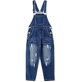 KIDSCOOL SPACE Boys Denim Overalls,Ripped Holes Elastic Waistband Inside Jeans Workwear Pants