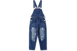 KIDSCOOL SPACE Boys Denim Overalls,Ripped Holes Elastic Waistband Inside Jeans Workwear Pants