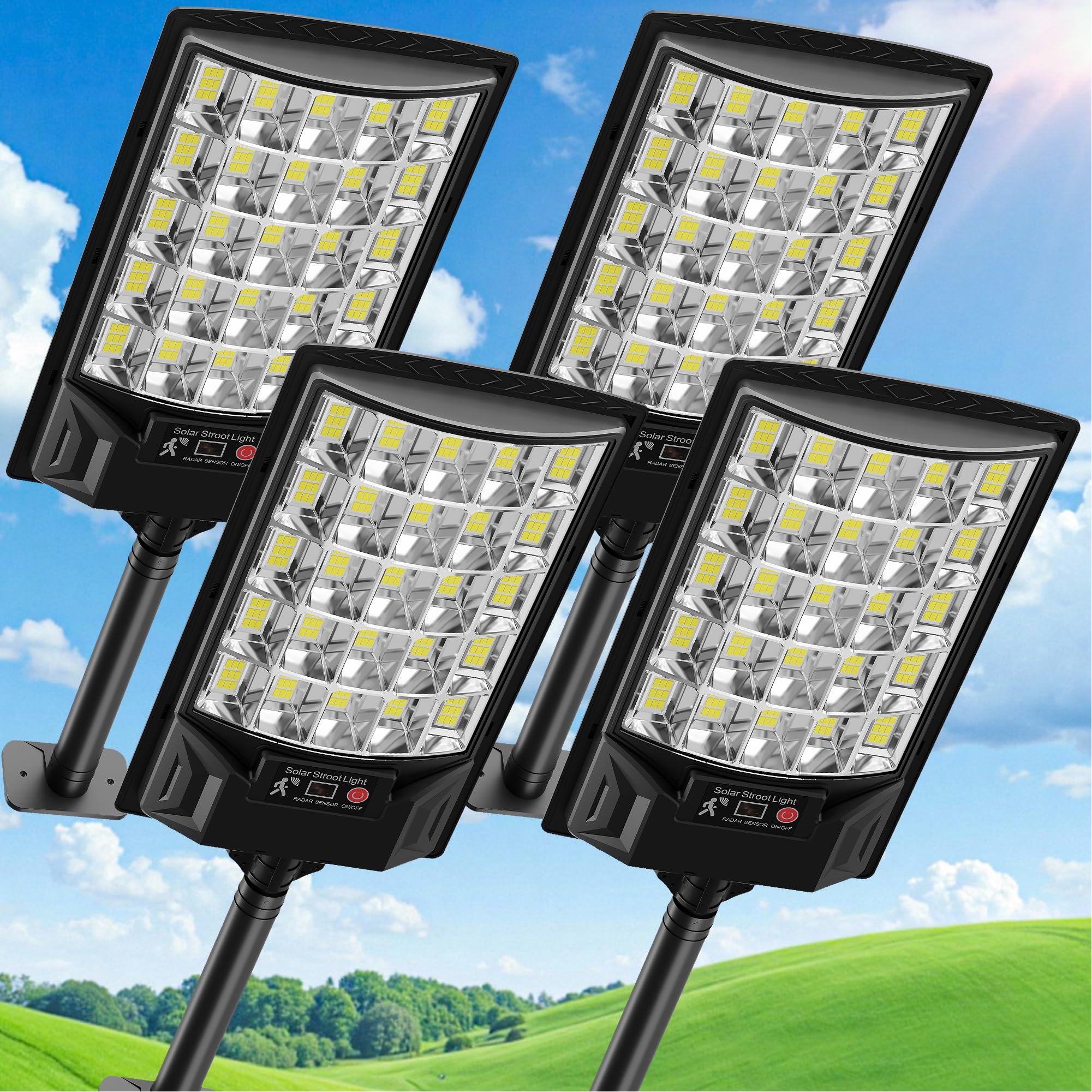 Photo 1 of Aqraou Solar Street Lights Outdoor, 6500K Outside Waterproof LED Street Light Dusk to Dawn, Wide Angle Lamps with Motion Sensor & Remote Control, Solar Lights Outdoor for Garden Yard, 4 Pack