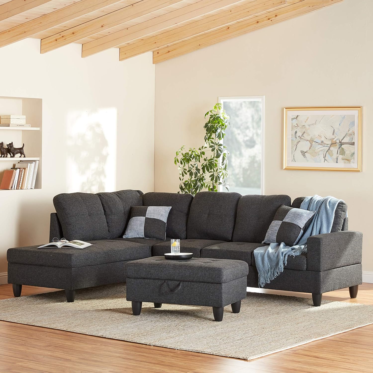 Beverly Fine Furniture Left Facing Linen Russes Sectional Sofa Set With Ottoman, Dark Grey: Furniture & Decor