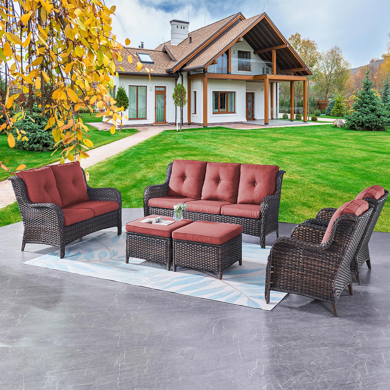 Rilyson Outdoor Patio Furniture Sofa Set - 6 Piece Rattan Wicker Patio Sectional Conversation Sets with 1 Sofa,1 Loveseat,2 Armrest Chairs and 2 Ottomans for Porch Deck Garden(Brown/Red) Image Rilyson Outdoor Patio Furniture Sofa Set - 6 Piece Rattan Wicker Patio Sectional Conversation Sets with 1 Sofa,1 Loveseat,2 Armrest Chairs and 2 Ottomans for Porch Deck Garden(Brown/Red) Image