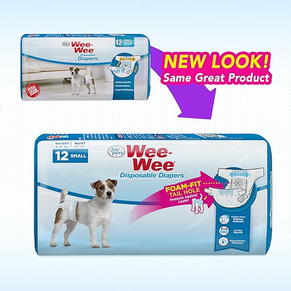FOUR PAWS WEE-WEE SUPER ABSORBENT DISPOSABLE ADJUSTABLE DOG POTTY TRAINING DIAPERS, LEAK-PROOF PROTECTION FOR PUPPIES AND SMALL DOGS, SMALL, 12 COUNT
