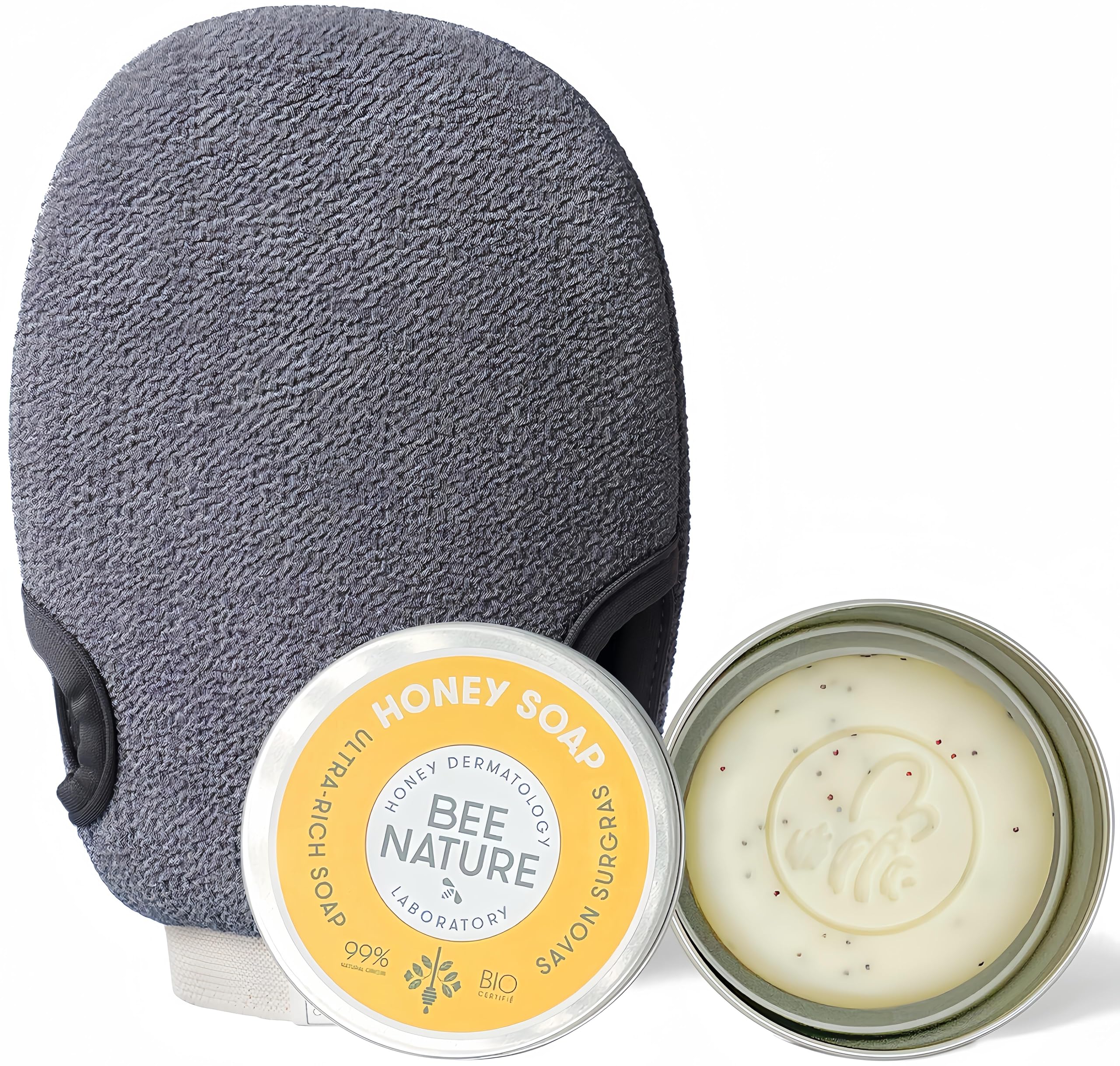 Bee Nature - Exfoliating Set - Glove & Honey Soap with Case - Exfoliates Cleanses Moisturizes - Relieves Eczema - Travel Soap - Suitable for Dry & Sensitive Skin - 100g