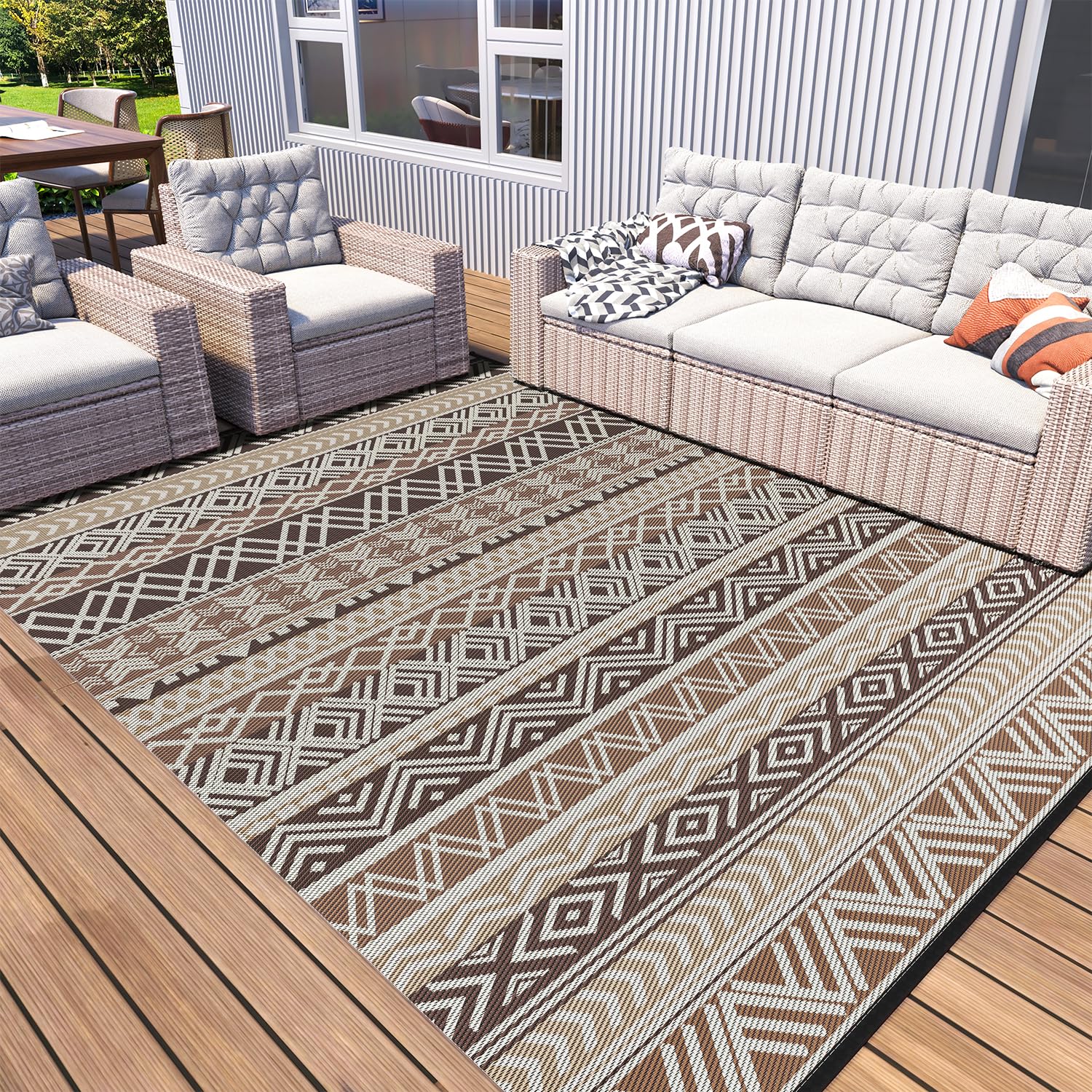 Photo 1 of MontVoo Outdoor Rug Carpet Waterproof-Patio Rug Mat 5x8 Reversible RV Camping Rug Picnic Mat Plastic Straw Outside Rug for Balcony Porch Deck Beach-Boho Outdoor Area Rug for Patio Decor Colorful