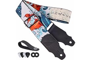 YIKOKO Guitar Strap, Head Layer Cowhide Leather End, 2 Inches Wide, for Acoustic and Bass Electric Guitars, Free Button, 2 Strap Locks and 4 Guitar Picks