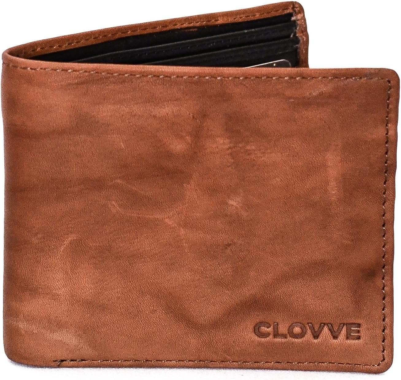 Clovve Handmade Buffalo Leather Wallet and Money Organizer | Bifold Slim Genuine Thin Minimalist Front Pocket Men's Wallet | Orange Brown Rugged Look