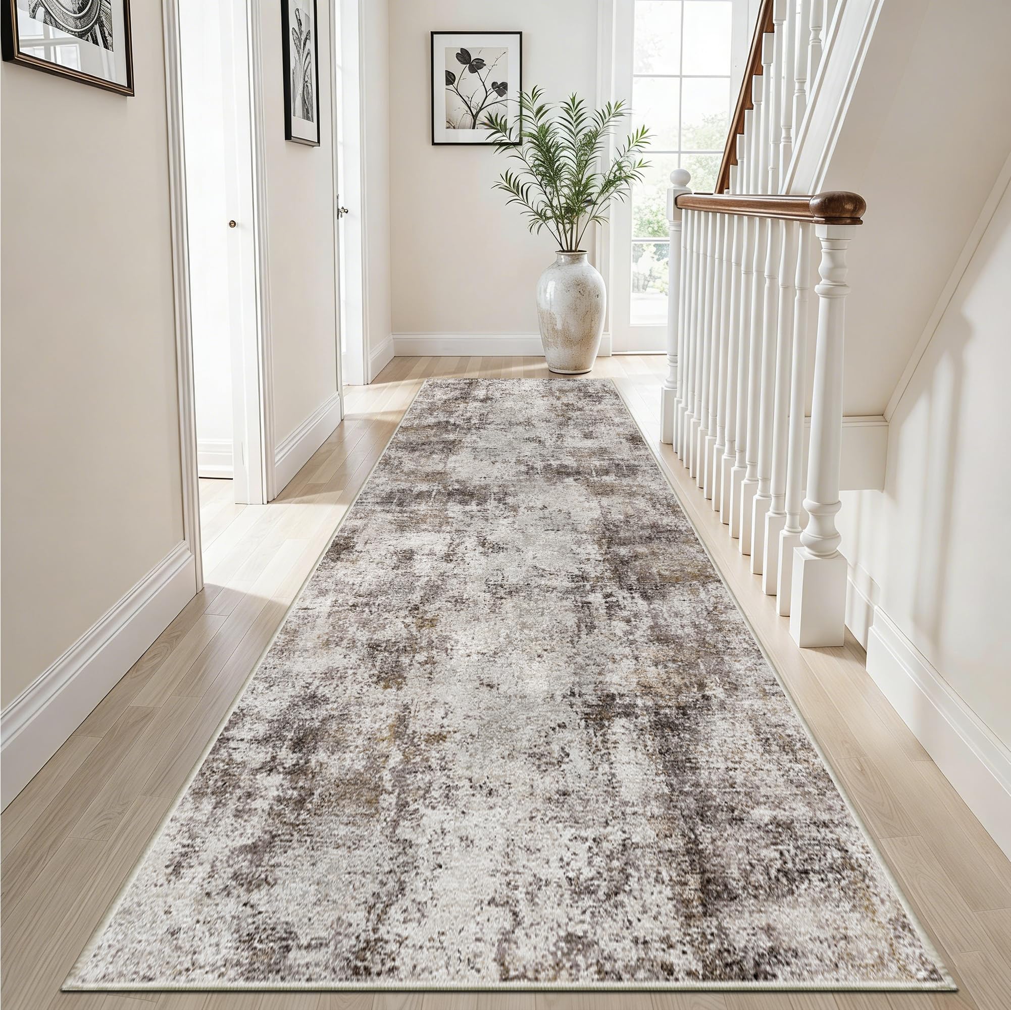 Photo 1 of 3x10 Washable Runner Rug for Hallway: Non Slip Runners Rugs Easy-to-Clean - Soft Living Room Bedroom Kitchen Carpet - Thin Low Pile Printed Floor Mat for Dining Room Beige Brown