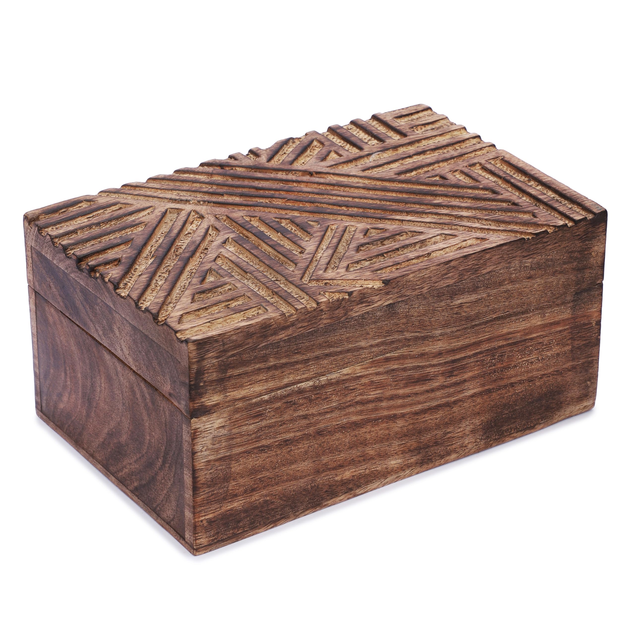 Ajuny Wooden Hand Carving Decorative Jewelry Box Line Design Chest Trinket Keepsake Multipurpose Jewellery Storage Organizer Antique Vintage Accessories Holder Boxes Great for Gifts - 8.5 X 5.5 Inch
