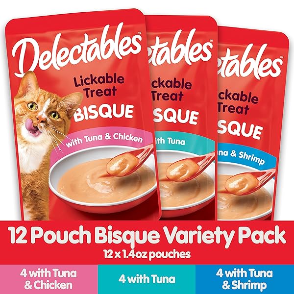 DELECTABLES BISQUE LICKABLE WET CAT TREATS – CHICKEN, TUNA & SHRIMP, 12 COUNT