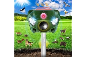 Solar Powered Animal Deterent, Ultrasonic Animals Control Device with Motion Sensor and FIashing Light, Waterproof Outdoor An