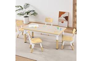 SWEMDEC Adjustable Kids Table Chairs Set – Graffiti Desktop, Multi-Activity Height-Adjustable Toddler Study Desk for Ages 3-8 – Ideal for Home, Classroom, Daycare (W-Brown, 4 Chairs-47.2" L x 23.6" W)