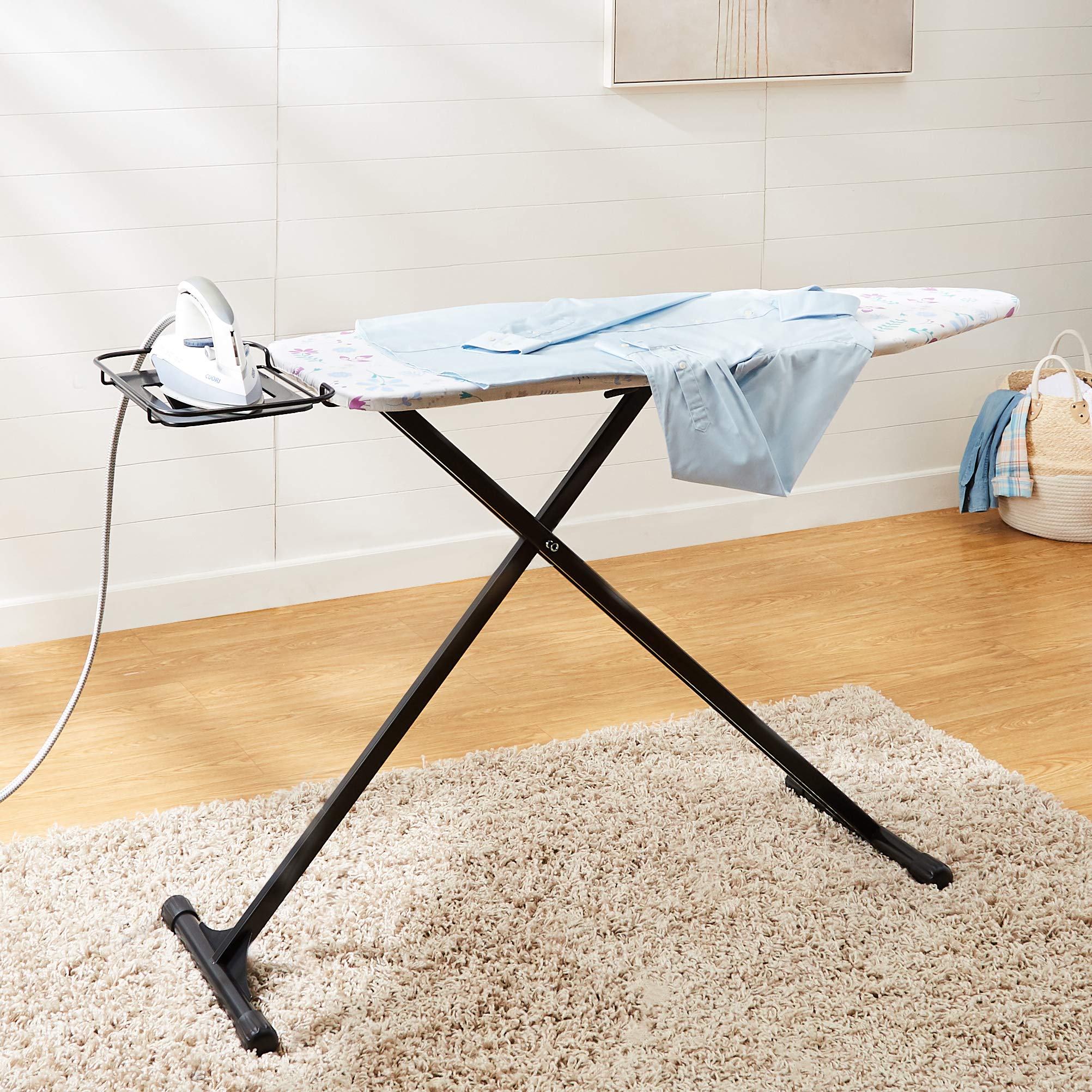 Amazon Basics Ironing Board Medium 122x38 cm with Iron Rest H Shape, Black, Floral