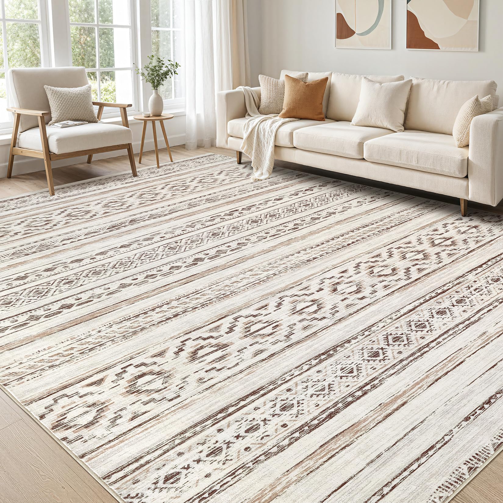 cotiled 7x9 Area Rug for Living Room, Washable Non-Slip Large Area Rug, Indoor Floor Carpet Low Pile Soft Boho Farmhouse Rug for Bedroom Dining Room (Brown Cream,7'x9')