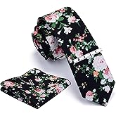 GUSLESON Fashion 2.4"(6cm) Cotton Floral Printed Necktie Tie Clip and Pocket Square Sets + Gift Box