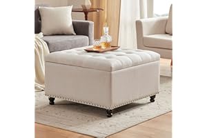 Tbfit Large Square Storage Ottoman Bench, Tufted Upholstered Coffee Table Ottoman with Storage, Oversized Storage Ottomans Toy Box Footrest for Living Room, Beige